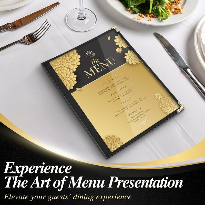 Flexzion Menu Holder 8.5" x 11" - Triple Stitched Menu Covers with Clear PVC, Black Binding & Gold Corners, Trifold 3 Pages 6 Views Menu Book for Restaurant, Cafe, Bar, & Catering Hall (30 Pack) - Image 2
