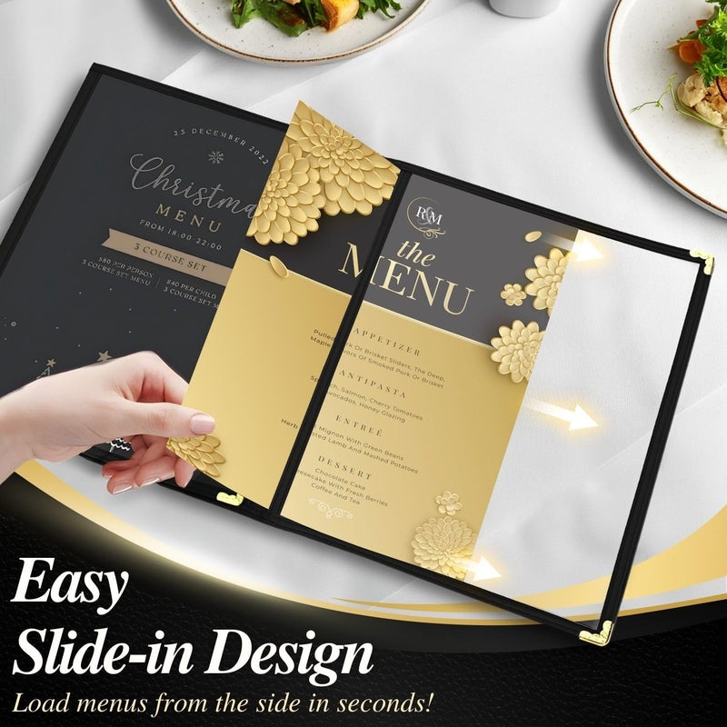 Flexzion Menu Holder 8.5" x 11" - Triple Stitched Menu Covers with Clear PVC, Black Binding & Gold Corners, Trifold 3 Pages 6 Views Menu Book for Restaurant, Cafe, Bar, & Catering Hall (30 Pack) - Image 3