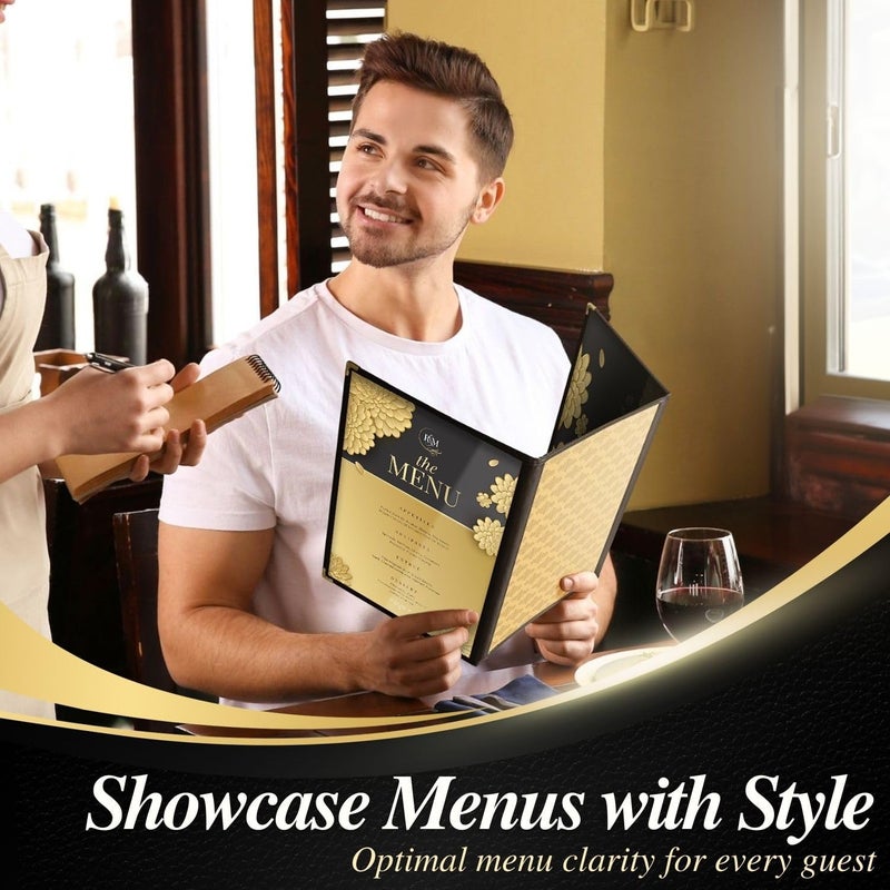 Flexzion Menu Holder 8.5" x 11" - Triple Stitched Menu Covers with Clear PVC, Black Binding & Gold Corners, Trifold 3 Pages 6 Views Menu Book for Restaurant, Cafe, Bar, & Catering Hall (30 Pack) - Image 5