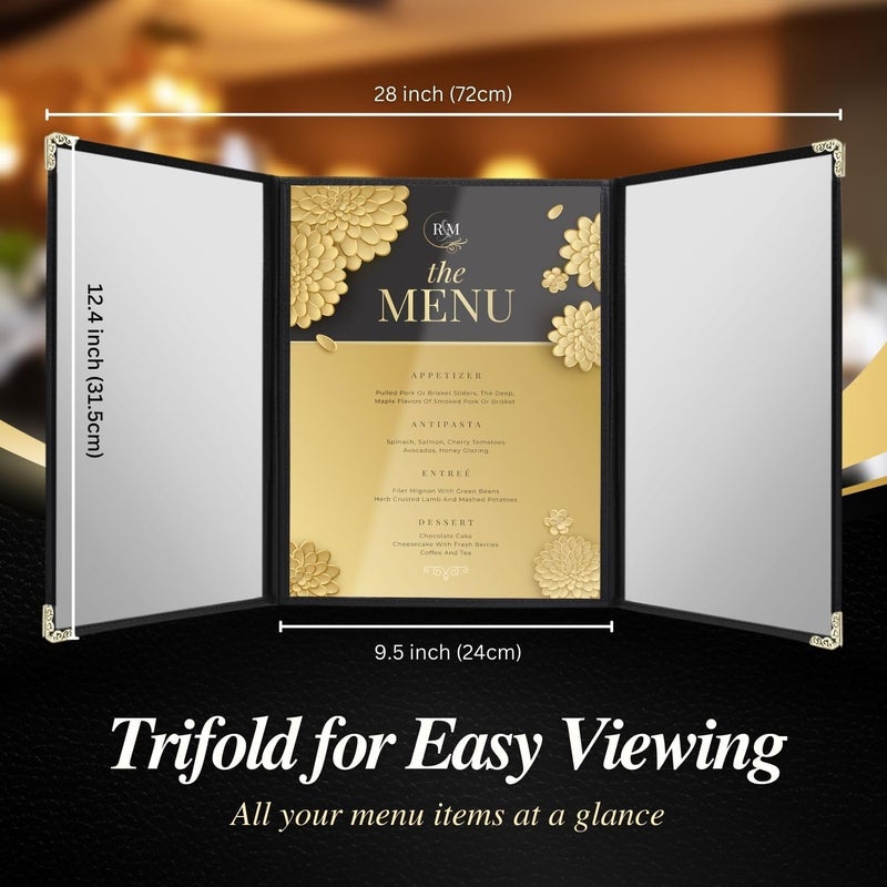 Flexzion Menu Holder 8.5" x 11" - Triple Stitched Menu Covers with Clear PVC, Black Binding & Gold Corners, Trifold 3 Pages 6 Views Menu Book for Restaurant, Cafe, Bar, & Catering Hall (30 Pack) - Image 4