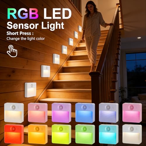 ELEPHANTBOAT® 2PCS RGB Motion Sensor LED Light, 16-Color Magnetic Wireless Rechargeable 3 Sensor Modes&Adjustable Brightness, Sensor Light for Home Indoor, Hallway, Staircase & Closet - Image 4