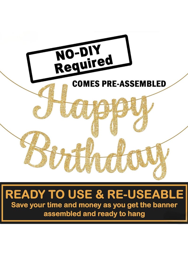 Glitter Gold Cursive Happy Birthday Banner - Pre-Strung, 4 Feet | Birthday Decorations for Women, Men, Boys and Girls | Hbd Banner Backdrop For Gold Party Decorations, Happy Birthday Sign  - Image 3