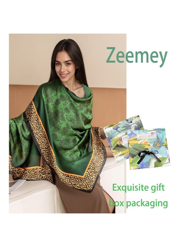 Zeemey 90*180CM women's retro green floral leopard print scarf, smooth texture, combination of floral and leopard print elements, large size design, can be used as a scarf, shawl, fashionable and eye-catching - Image 1