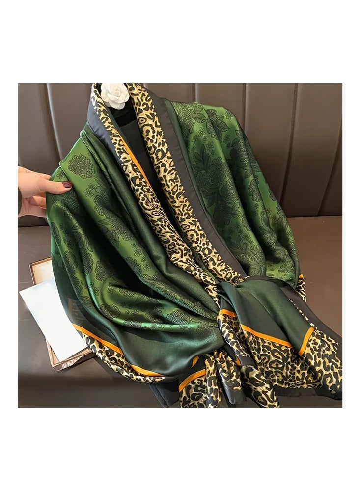 Zeemey 90*180CM women's retro green floral leopard print scarf, smooth texture, combination of floral and leopard print elements, large size design, can be used as a scarf, shawl, fashionable and eye-catching - Image 3