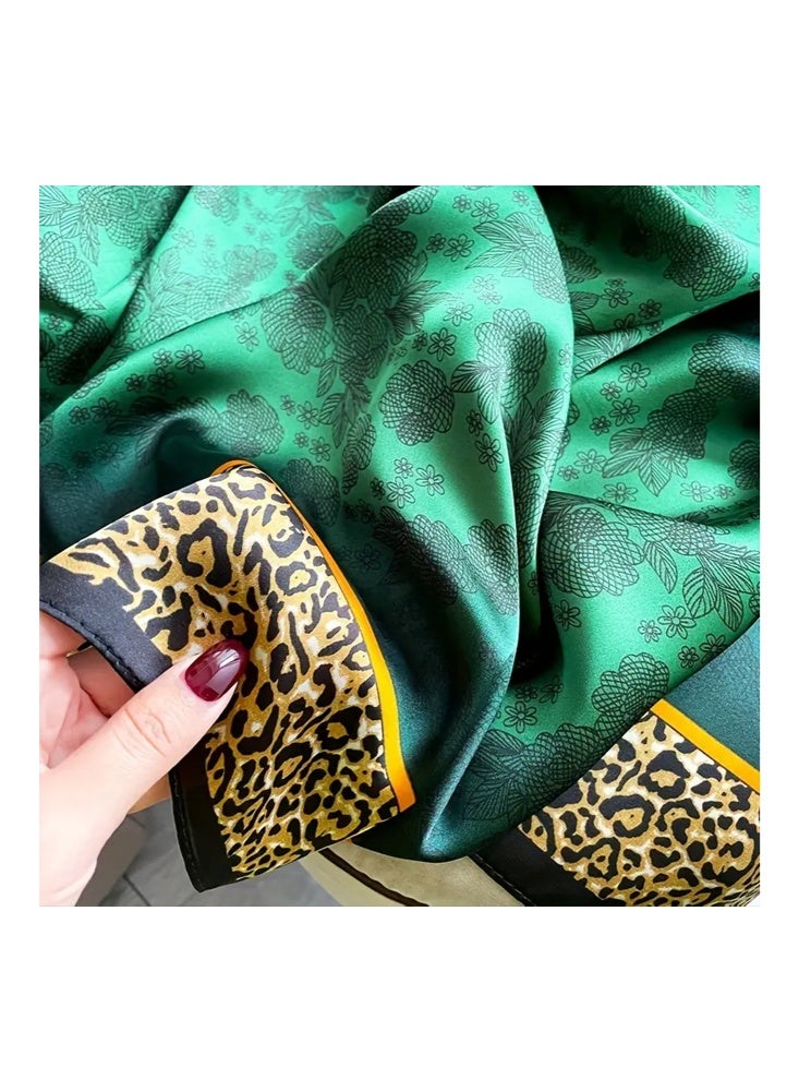 Zeemey 90*180CM women's retro green floral leopard print scarf, smooth texture, combination of floral and leopard print elements, large size design, can be used as a scarf, shawl, fashionable and eye-catching - Image 4