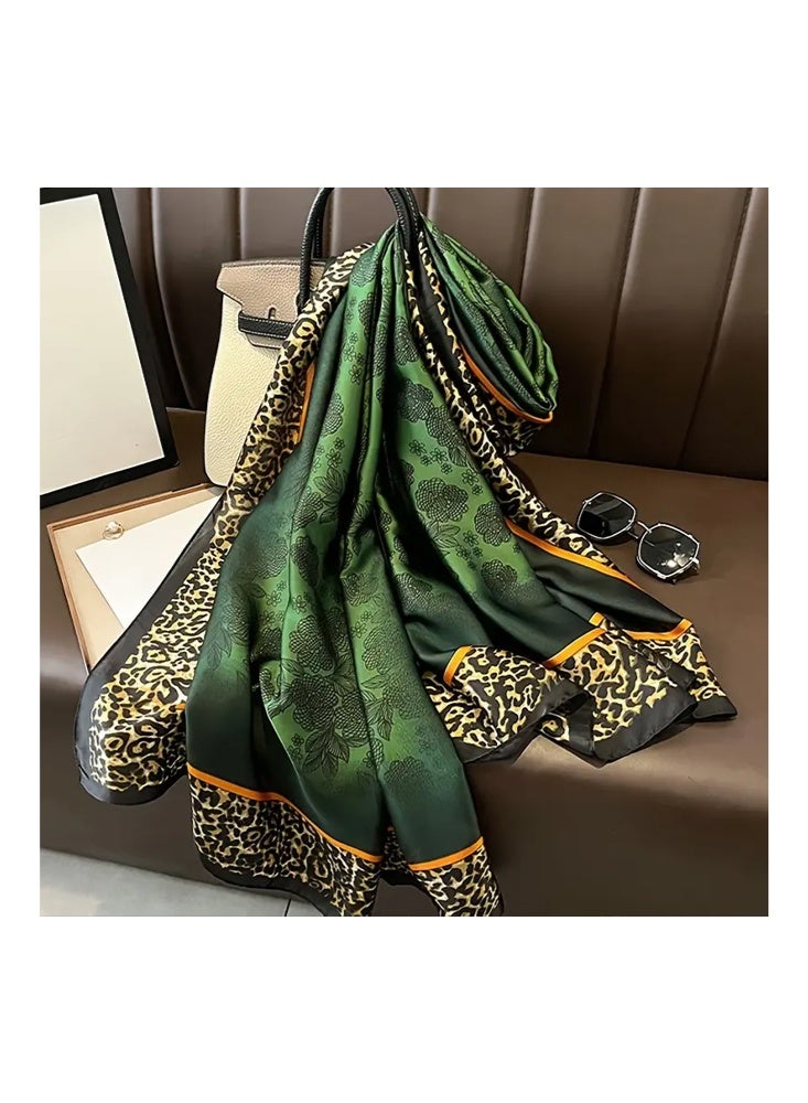 Zeemey 90*180CM women's retro green floral leopard print scarf, smooth texture, combination of floral and leopard print elements, large size design, can be used as a scarf, shawl, fashionable and eye-catching - Image 2