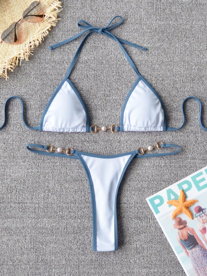 TASHEHE Women's Triangle Thong Bikini Set Sexy String Brazillian Two Piece Swimsuit Cute Bikini Bathing Suit - White - Large - Image 5