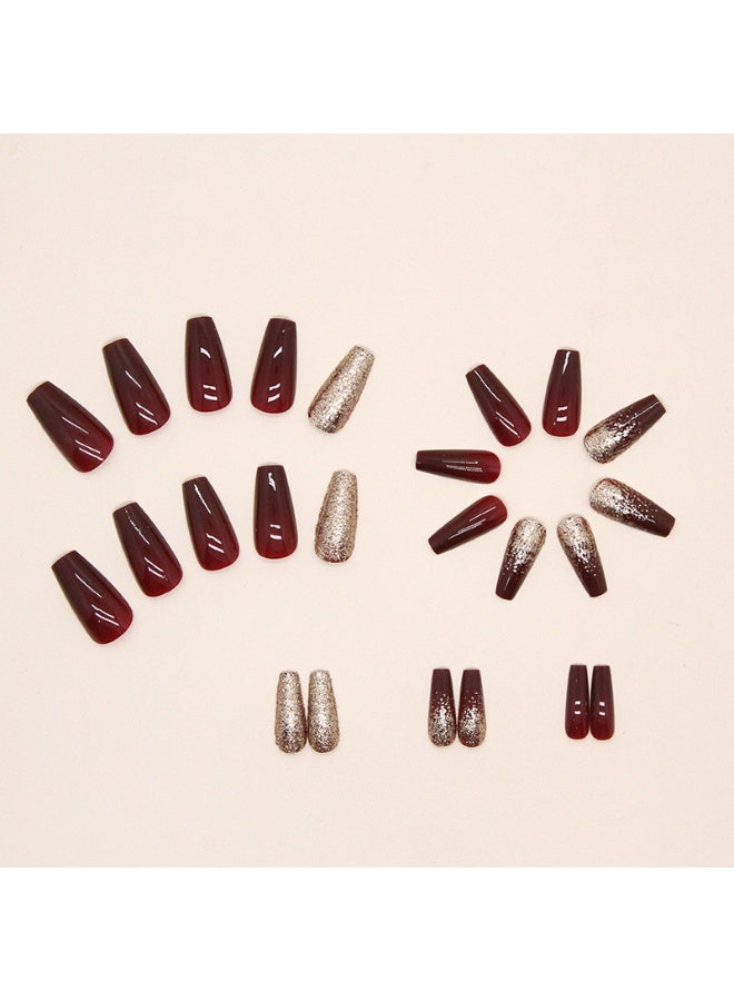 يوكانبي أظافر صناعية بلون النبيذ الأحمر اللامع – أظافر لاصقة متوسطة الطول مع لمعة ذهبية أنيقة - Image 4
