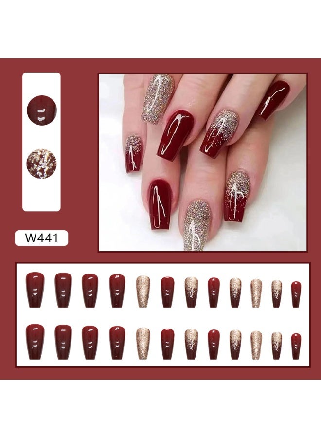 يوكانبي أظافر صناعية بلون النبيذ الأحمر اللامع – أظافر لاصقة متوسطة الطول مع لمعة ذهبية أنيقة - Image 2