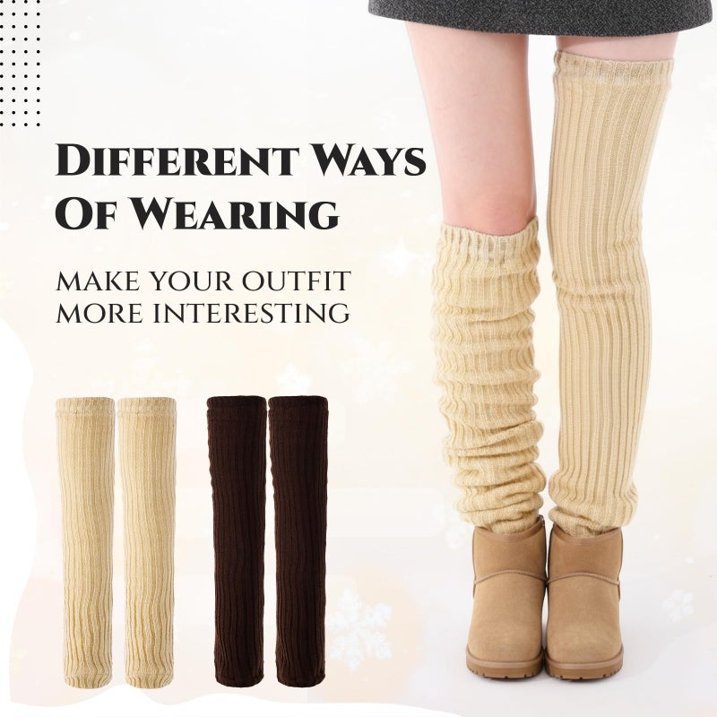 Cutecrop 2 Pair Fleece Over Knee Leg Warmer for Women Extra Long Leg Warmers Knit Thick Boot Cuffs Socks for Winter (Brown,Beige) - Image 4