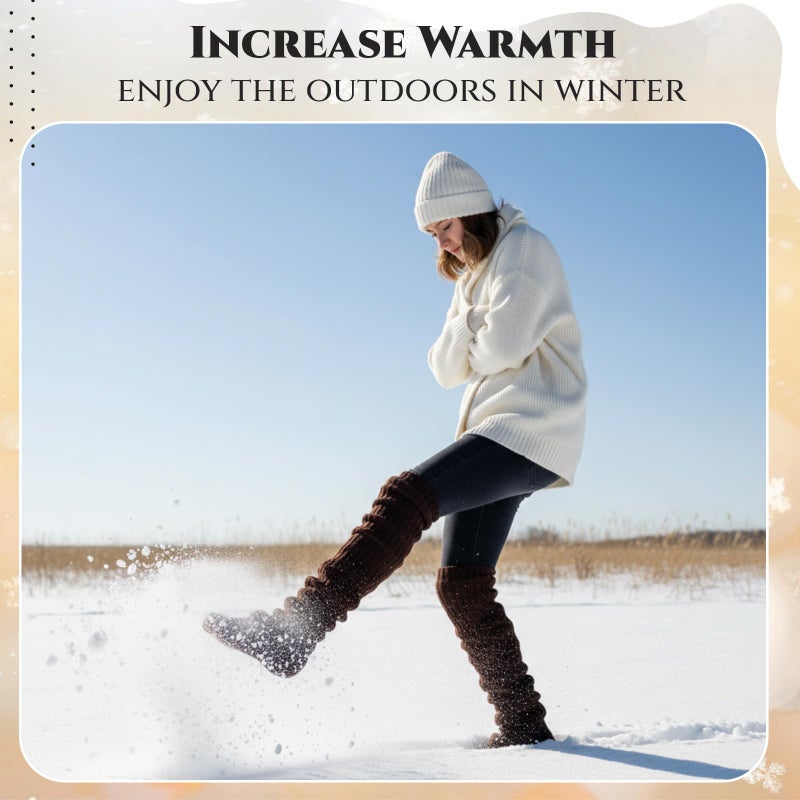 Cutecrop 2 Pair Fleece Over Knee Leg Warmer for Women Extra Long Leg Warmers Knit Thick Boot Cuffs Socks for Winter (Brown,Beige) - Image 5