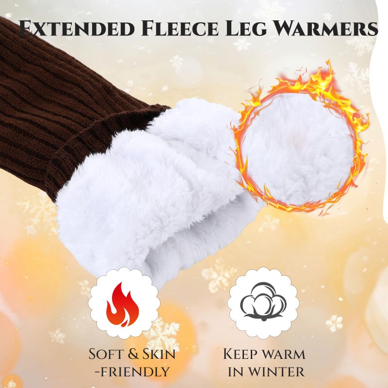Cutecrop 2 Pair Fleece Over Knee Leg Warmer for Women Extra Long Leg Warmers Knit Thick Boot Cuffs Socks for Winter (Brown,Beige) - Image 2