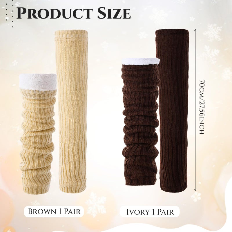 Cutecrop 2 Pair Fleece Over Knee Leg Warmer for Women Extra Long Leg Warmers Knit Thick Boot Cuffs Socks for Winter (Brown,Beige) - Image 3
