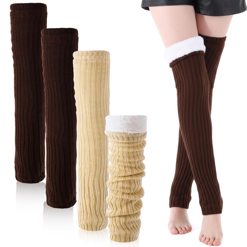 Cutecrop 2 Pair Fleece Over Knee Leg Warmer for Women Extra Long Leg Warmers Knit Thick Boot Cuffs Socks for Winter (Brown,Beige) - Image 1