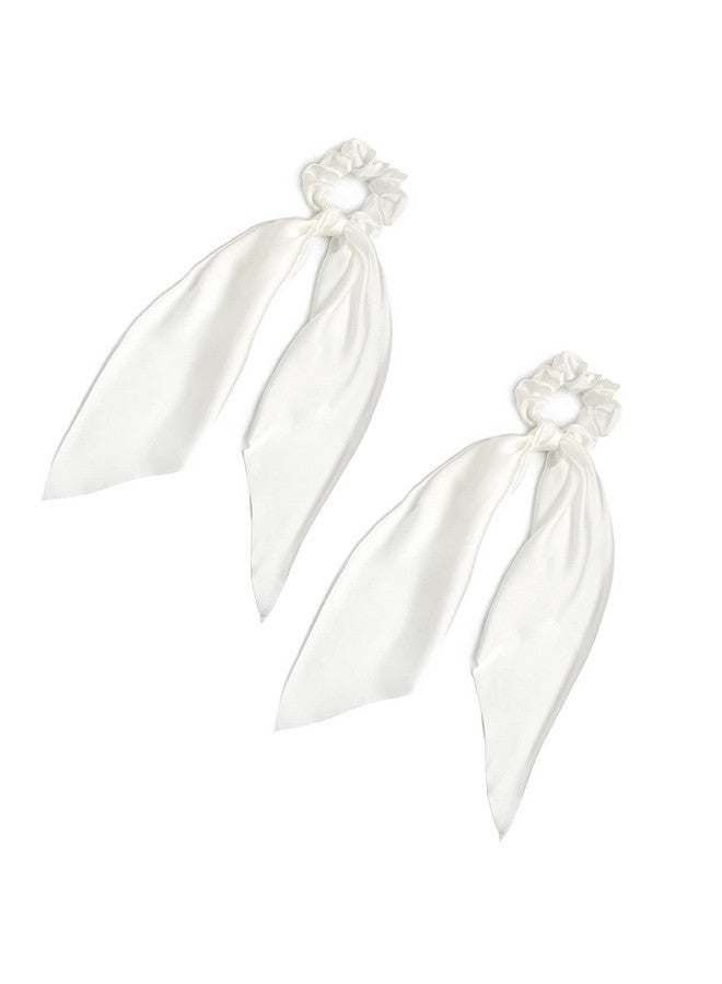 LFOUVRE Pack Of 2 Knotted Bow Hair Scrunchies Elastic Hair Scarf Hair Ties Bands Silky Satin Hair Ribbon Scrunchy Ponytail Holder For Women And Girls (White) - Image 1