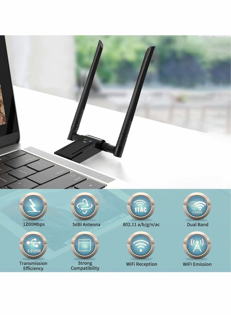 كاست ويف محول واي فاي لاسلكي USB للكمبيوتر الشخصي، دونجل واي فاي ثنائي النطاق 1200 ميجابت في الثانية 2.4 جيجا/5 جيجا مع حامل USB 3.0 - Image 2