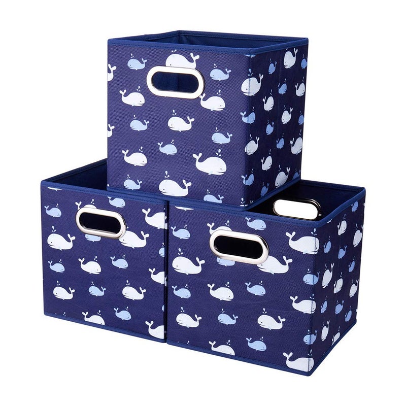 HSDT 13x13x13 Inch Collapsible Storage Cubes 3 Pack Blue Nautical Ocean Themed with White Whale Pattern Sturdy Cloth Cubes with Cardboard Support for Cubby Storage - Image 2