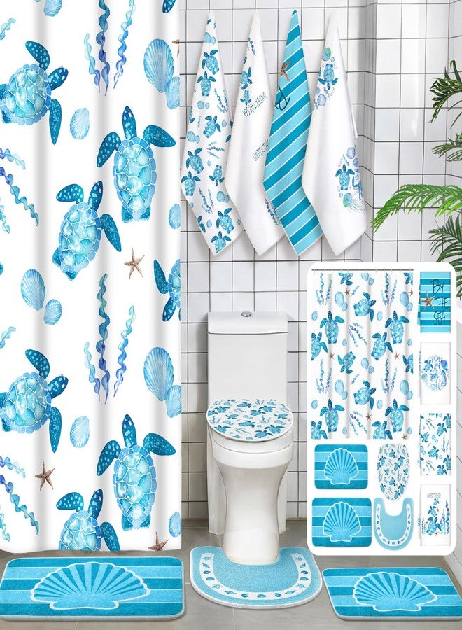 Fourluoo 21 Pcs Ocean Shower Curtain Sets Nautical Coastal Bathroom Decor with Non Slip Rugs U-shaped Mat Toilet Lid Cover Hand Towels Turtle Shell Waterproof Bathroom Curtain Shower Set with 12 Hooks - Image 1