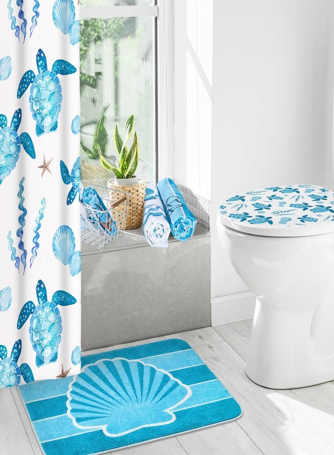 Fourluoo 21 Pcs Ocean Shower Curtain Sets Nautical Coastal Bathroom Decor with Non Slip Rugs U-shaped Mat Toilet Lid Cover Hand Towels Turtle Shell Waterproof Bathroom Curtain Shower Set with 12 Hooks - Image 2