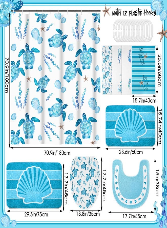 Fourluoo 21 Pcs Ocean Shower Curtain Sets Nautical Coastal Bathroom Decor with Non Slip Rugs U-shaped Mat Toilet Lid Cover Hand Towels Turtle Shell Waterproof Bathroom Curtain Shower Set with 12 Hooks - Image 3