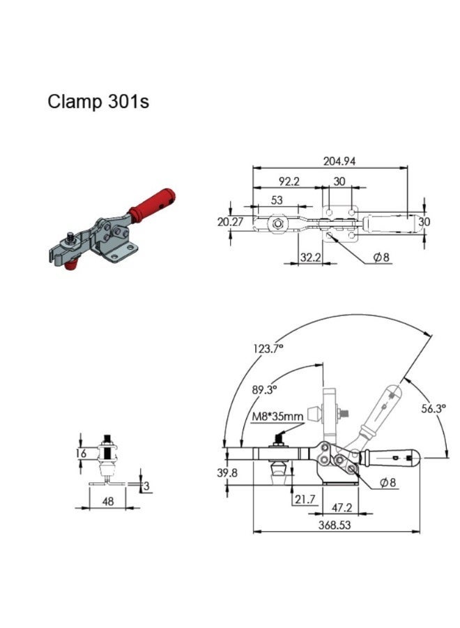 Horizontal Toggle Clamp 301s, 140kg Holding Capacity, Red Handle, Steel, 368.53mm *48mm *39.8mm - Image 2