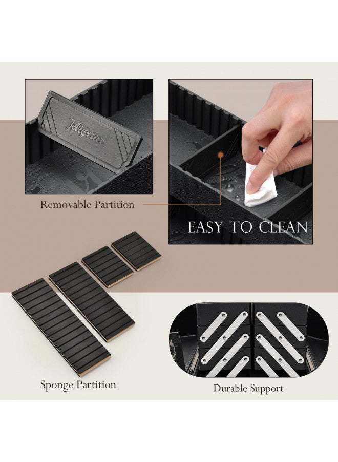 Joligrace صندوق مكياج جوليغرايس كبير 6 صواني منظم احترافي - حاملة مكياج تجميل مع قفل ومفتاح وحزام حمل لفنان الاستوديو والمصمم أسود - نمط شبكة - Image 4