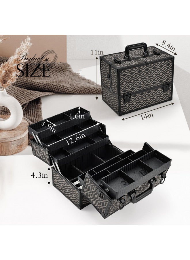 Joligrace صندوق مكياج جوليغرايس كبير 6 صواني منظم احترافي - حاملة مكياج تجميل مع قفل ومفتاح وحزام حمل لفنان الاستوديو والمصمم أسود - نمط شبكة - Image 5