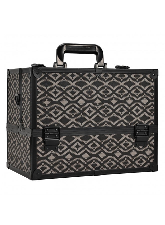 Joligrace صندوق مكياج جوليغرايس كبير 6 صواني منظم احترافي - حاملة مكياج تجميل مع قفل ومفتاح وحزام حمل لفنان الاستوديو والمصمم أسود - نمط شبكة - Image 1