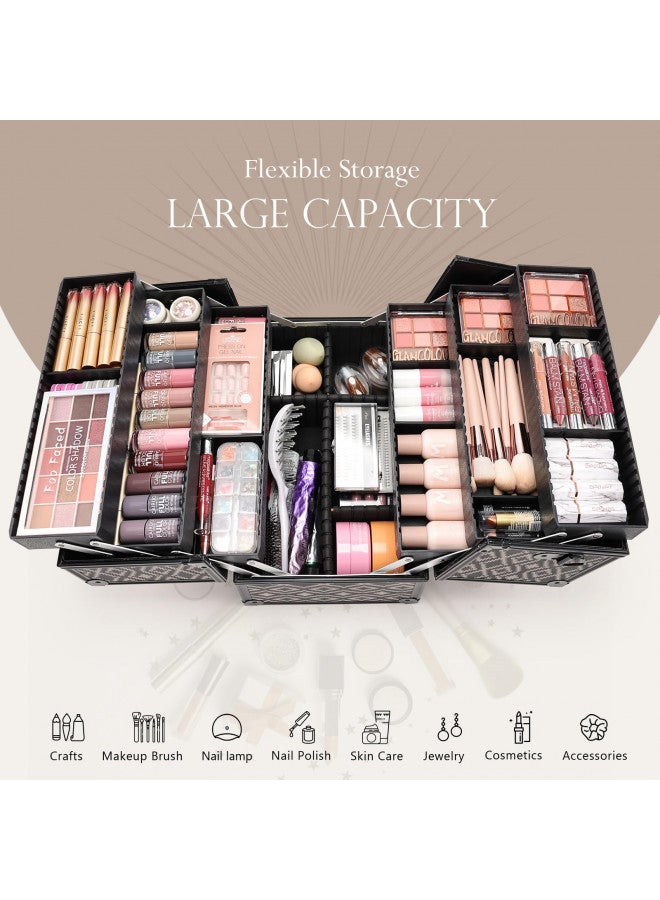 Joligrace صندوق مكياج جوليغرايس كبير 6 صواني منظم احترافي - حاملة مكياج تجميل مع قفل ومفتاح وحزام حمل لفنان الاستوديو والمصمم أسود - نمط شبكة - Image 2