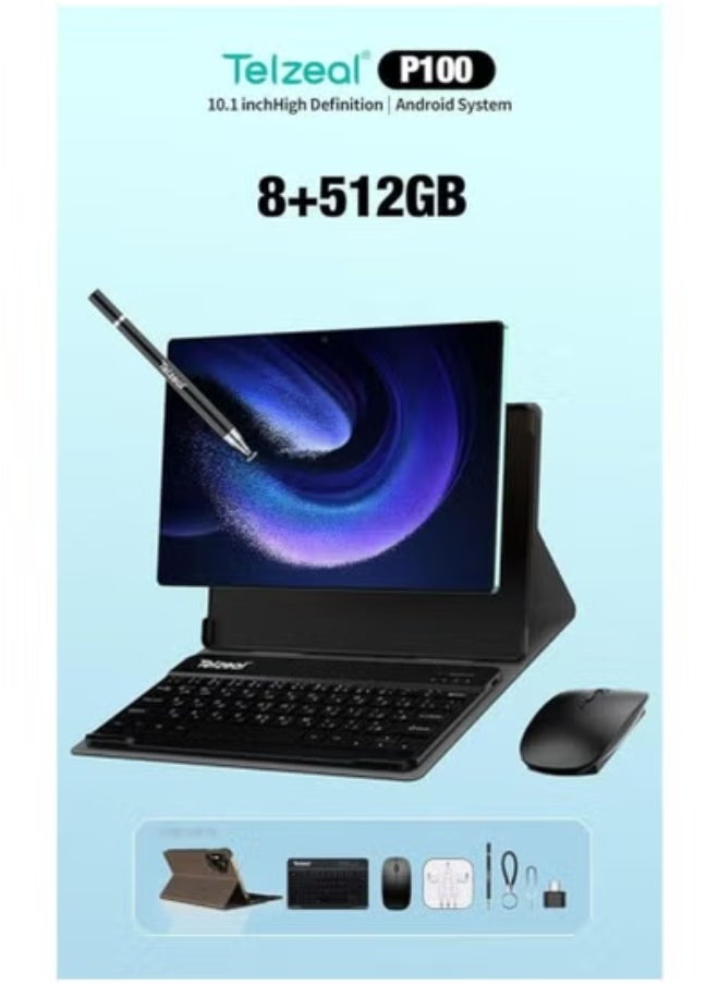 P100 Android 13 Tablet with 10.1-Inch HD Display, 8GB RAM, 512GB ROM, Dual SIM + 5G WiFi, Octa-Core Processor, Grey – 8000mAh Battery – Wireless Keyboard & Mouse Included – Dual Cameras – Perfect for Study, Office Work, Gaming, Streaming & Video Calls