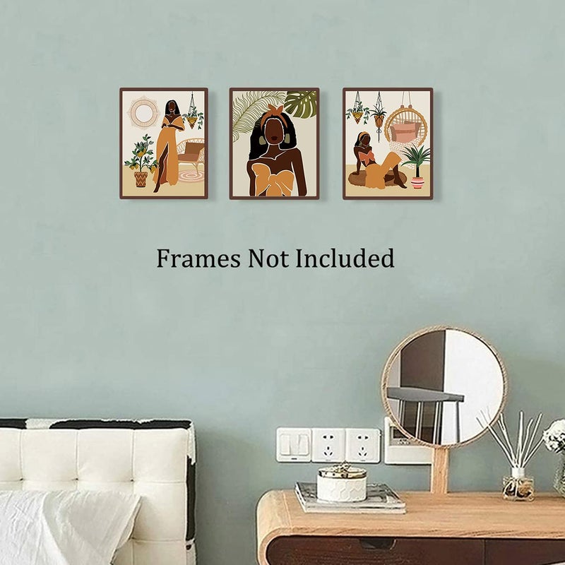 TANXM Modern Minimalist Black Woman Leaf Art Painting African American Women Art Painting Black Girl Wall Art Fashion Pop Boho Queen Girl Room Poster Painting Female Bathroom Bedroom Dressing Room Wall Home  - Image 3