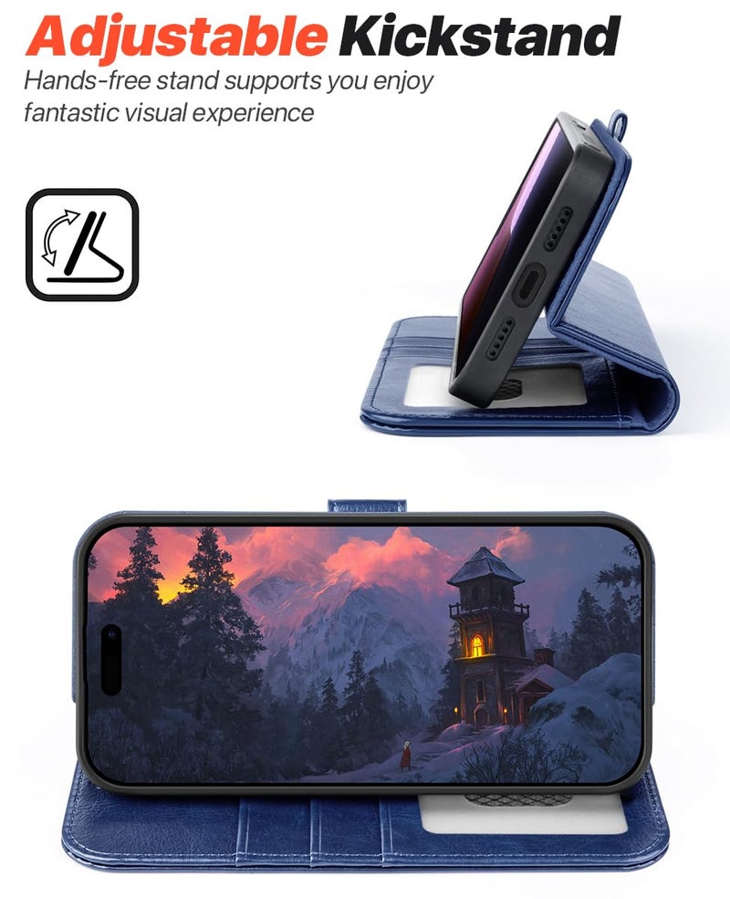 OCASE for iPhone 17 Pro Detachable Wallet Case with Card Holder, 2 in 1 PU Leather Flip Folio with RFID Blocking Stand Wrist Strap Shockproof Phone Cover 6.3 Inch 2025, Blue - Image 5