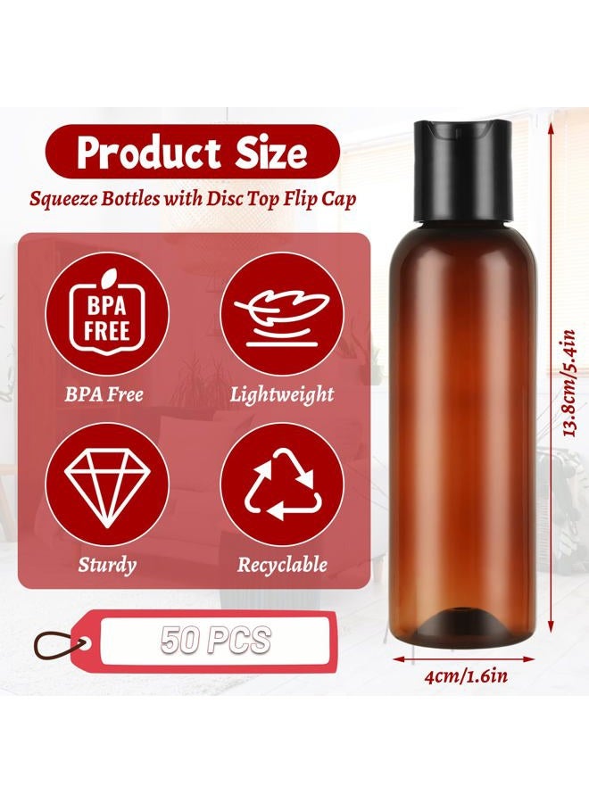 LOPYXBR 50 PCS 4 Oz Plastic Squeeze Bottles with Disc Top Flip Cap Amber Empty Squeeze Travel Containers 4 Oz Amber Refillable Plastic Bottles with Squeeze Top for Shampoo, Lotions, Cream - Image 2
