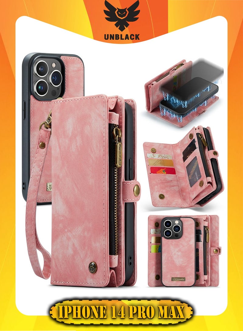 CaseMe Protective Phone Cover Case Wallet Case For Apple iPhone 14 Pro Max, 2 in 1 Detachable Premium Leather Magnetic Zipper Pouch Wristlet Flip Phone Case (Pink)  - Image 1