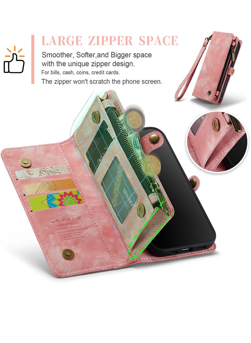CaseMe Protective Phone Cover Case Wallet Case For Apple iPhone 14 Pro Max, 2 in 1 Detachable Premium Leather Magnetic Zipper Pouch Wristlet Flip Phone Case (Pink)  - Image 4