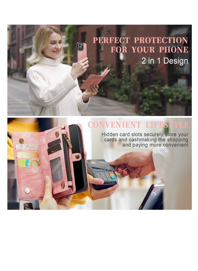 CaseMe Protective Phone Cover Case Wallet Case For Apple iPhone 14 Pro Max, 2 in 1 Detachable Premium Leather Magnetic Zipper Pouch Wristlet Flip Phone Case (Pink)  - Image 3