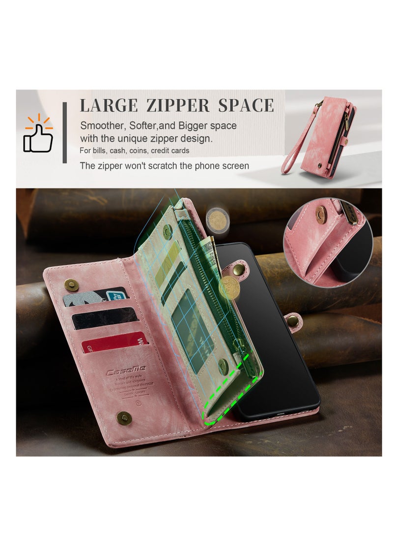 CaseMe Protective Phone Cover Case Wallet Case For Apple iPhone 14 Pro Max, 2 in 1 Detachable Premium Leather Magnetic Zipper Pouch Wristlet Flip Phone Case (Pink)  - Image 5