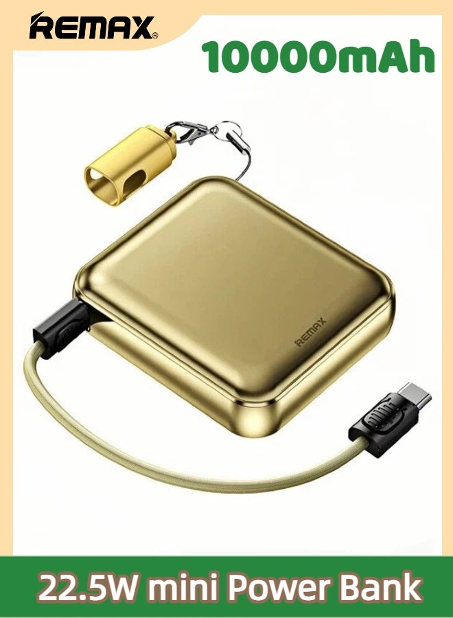 REMAX FCP-9 10000mAh Mini Power Bank, 22.5W PD Fast Charging, Bidirectional Charging, with Built-in USB Type C to USB Type C Cable (also usable as lanyard), Ultra-Lightweight, Compatible with USB Type C Smartphones, Earbuds & Portable Devices; Lightning Devices Require Separate Cable (Gold) - Image 1
