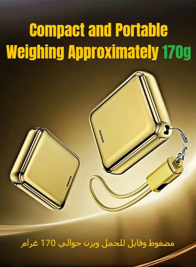 REMAX FCP-9 10000mAh Mini Power Bank, 22.5W PD Fast Charging, Bidirectional Charging, with Built-in USB Type C to USB Type C Cable (also usable as lanyard), Ultra-Lightweight, Compatible with USB Type C Smartphones, Earbuds & Portable Devices; Lightning Devices Require Separate Cable (Gold) - Image 3