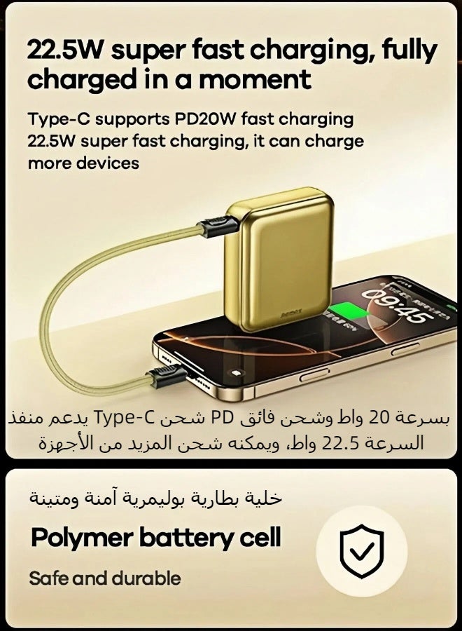 REMAX FCP-9 10000mAh Mini Power Bank, 22.5W PD Fast Charging, Bidirectional Charging, with Built-in USB Type C to USB Type C Cable (also usable as lanyard), Ultra-Lightweight, Compatible with USB Type C Smartphones, Earbuds & Portable Devices; Lightning Devices Require Separate Cable (Gold) - Image 4