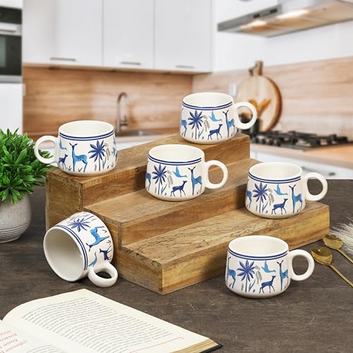 CRAF10 Handcrafted Blue Stag Ceramic Small Tea, Coffee, chai Cups Set of 6, 160 ML, Microwave & Dishwasher Safe, Elegant & Durable - Image 1