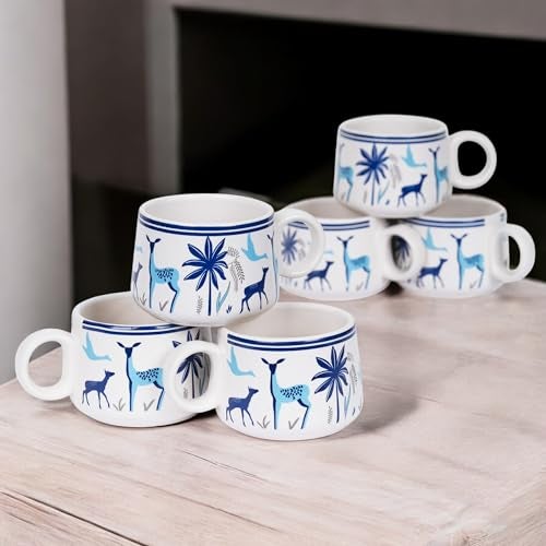 CRAF10 Handcrafted Blue Stag Ceramic Small Tea, Coffee, chai Cups Set of 6, 160 ML, Microwave & Dishwasher Safe, Elegant & Durable - Image 2