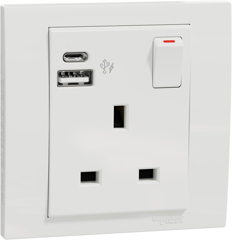 Schneider Electric Vivace 1 Gang Switched Socket with USB A+C - Image 1