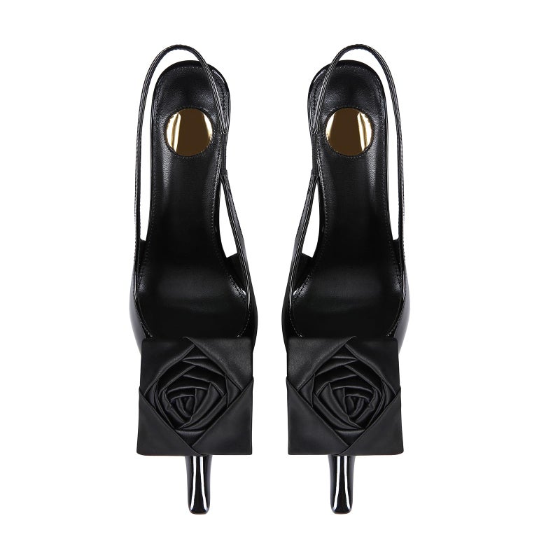 CAGLGLZ Flower High Heels for Women Closed Pointed Toe Stilettos Heel Pumps Slip On Elastic Ankle Strap Slingbacks Fashion Party Dressy Ladies Sandals Shoes(Patent Black,7) - Image 4