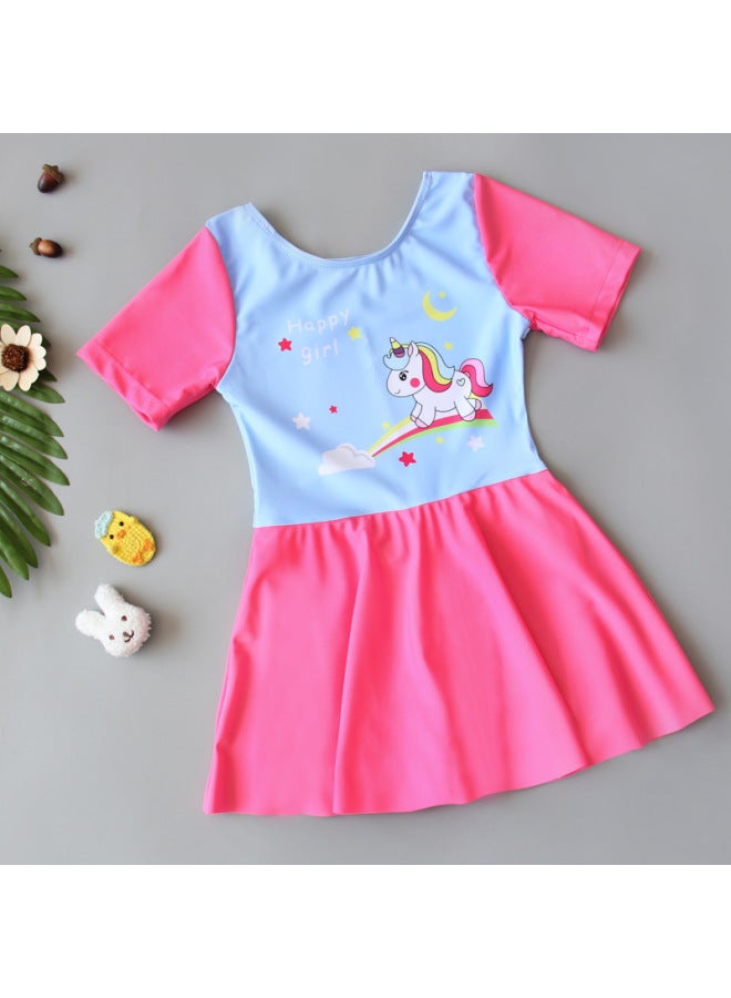 Girls' One-piece Swimming Dress-style Boxer Sunscreen Quick-drying Short-sleeved Cute Girls' Middle-aged Children's Student Teenagers' Swimwear-Color:Siamese Baby Elephant-