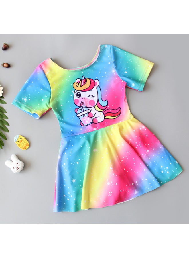 Girls' One-piece Swimming Dress-style Boxer Sunscreen Quick-drying Short-sleeved Cute Girls' Middle-aged Children's Student Teenagers' Swimwear-Color:Siamese Baby Elephant-