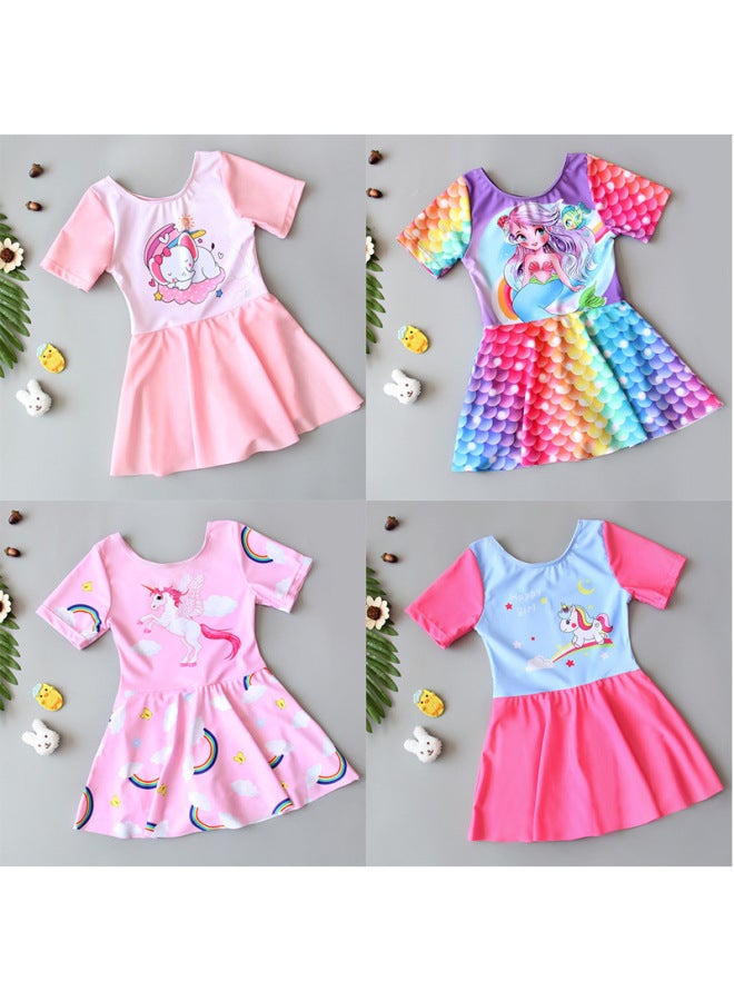 Girls' One-piece Swimming Dress-style Boxer Sunscreen Quick-drying Short-sleeved Cute Girls' Middle-aged Children's Student Teenagers' Swimwear-Color:Siamese Baby Elephant-