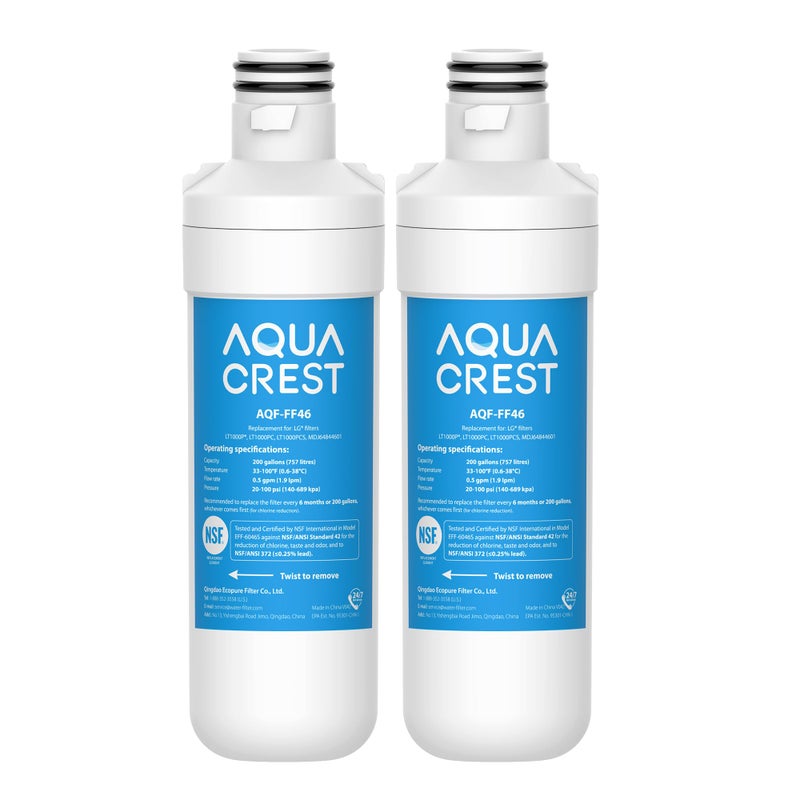 AQUA CREST LT1000PC ADQ747935 MDJ64844601 NSF Certified Refrigerator Water Filter Replacement for LG LT1000P LT1000PCS ADQ74793501 ADQ74793502 Kenmore 469980 9980 Pack of 2