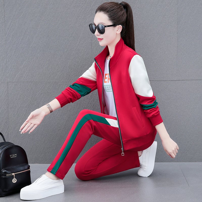 High Cotton three-piece suit fashion casual sports suit womens spring and autumn middle-aged mom Western style contrast color loose square dance wear Red - Image 1