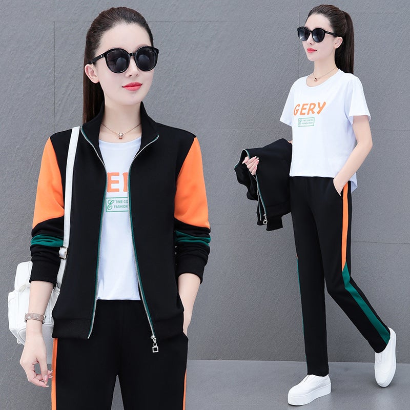 High Cotton three-piece suit fashion casual sports suit womens spring and autumn middle-aged mom Western style contrast color loose square dance wear Red - Image 5